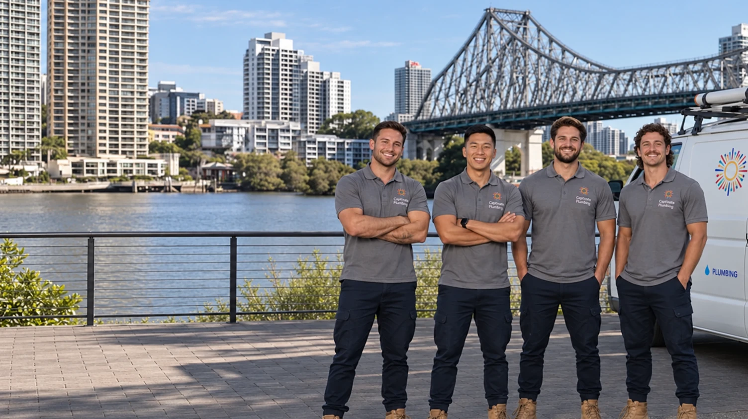 The Captivate Plumbing team with their van by the Brisbane River and Story Bridge