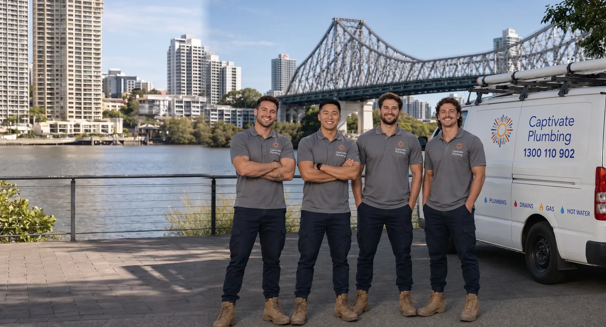 The Captivate Plumbing team with their van by the Brisbane River and Story Bridge